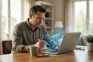 Un homme gère sa comptabilité avec un logiciel d'IA sur un laptop, des projections holographiques de données financières apparaissent.