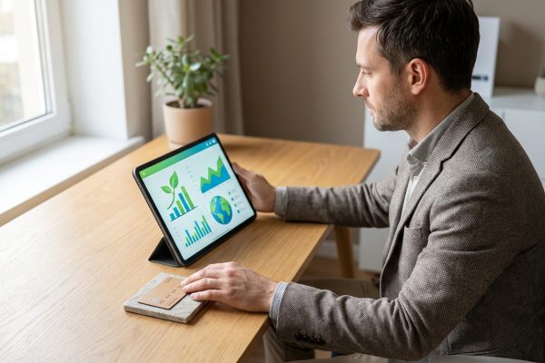 Un homme en veste analyse des données de développement durable sur une tablette, une carte de paiement à ses côtés.
