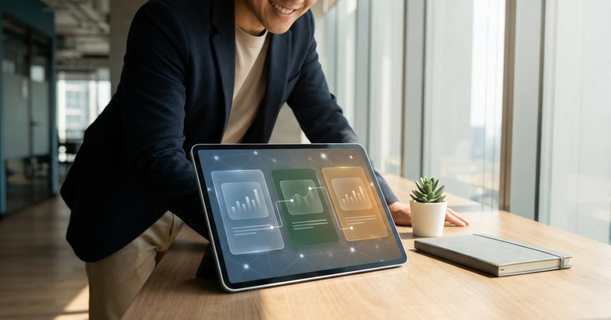 Homme souriant analysant des données business sur tablette. Outils numériques pour la gestion d'auto-entreprise en ligne.