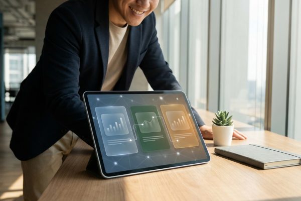 Homme souriant analysant des données business sur tablette. Outils numériques pour la gestion d'auto-entreprise en ligne.
